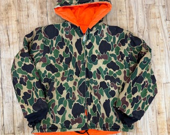 Vintage 80s Reversible Camo Blaze Orange Hunting Jacket / Distressed Cuffs / Faded Patina / Double Sided Parka / XL Fit