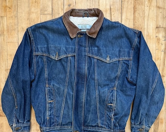 Vintage Canyon River Blues Sherpa Denim Jacket / Leather Collar Jean Jacket / Size M / 90s Western Style / Blanket Lined