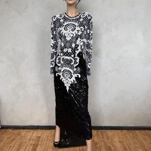 Vintage 80s Sequin Gown Black White / Balmain Style Evening Dress / Beaded Long Sleeve Silk Dress / M / Glam Party Look