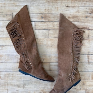 Unieke vintage suède laarzen met franje / Made in Spain / Western boho kniehoge platte laarzen / Maat 7