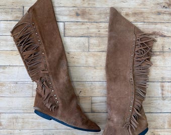 Stivali vintage in pelle scamosciata con frange unici nel loro genere / Prodotti in Spagna / Stivali alti fino al ginocchio in stile western boho / Taglia 7
