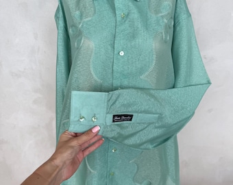 Vintage Lario Danolini Western Style Shirt / Sheer Green Embroidered Dress Shirt / Oversized XL / Pearl Buttons