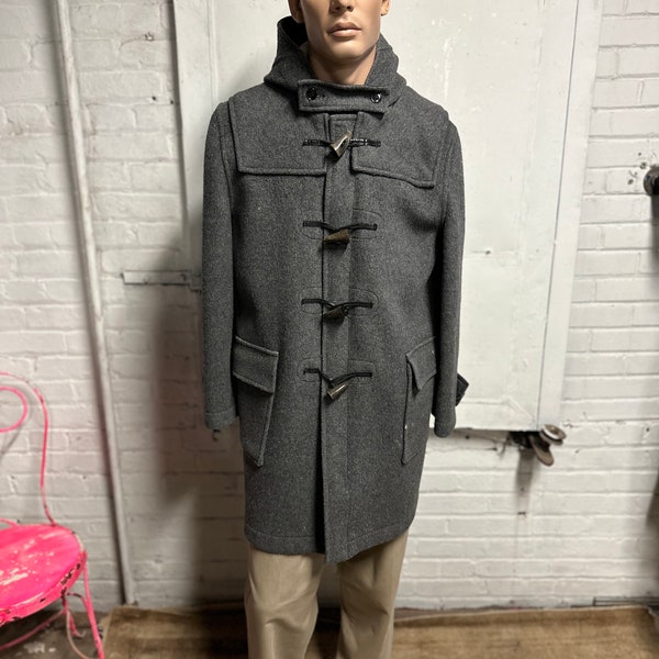 Vintage men's duffle coat / by Gloverall London / Wool hooded grey jacket / Size 42 / Medium