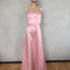 Vintage Pink Beaded Corset Prom Dress / Satin Halter Lace-Up Gown Y2K Formal Evening Gown / Romantic Bridals 90s 2000s