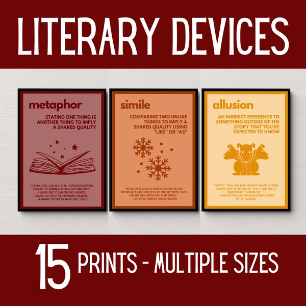 Literary Devices Poster Bundle, Figurative Language, Literary Term Prints, Middle School English Classroom, Poetic Devices, Rainbow Decor