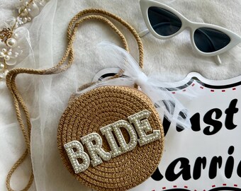 Borsa a tracolla in paglia con scritta "Bride Straw Circle", regalo per addio al nubilato
