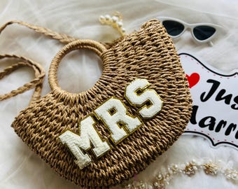 Bridal Straw Tote Bag, Mrs. Beach Bag, Honeymoon Gift