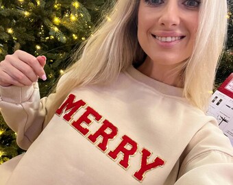 Merry Christmas Sweatshirt, Women's Holiday Shirt, Santa Deer Shirt