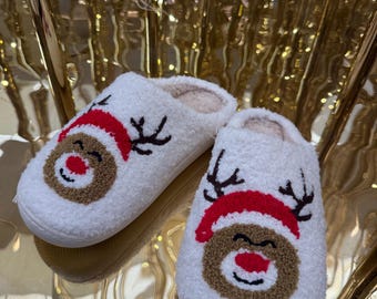 Embroidered Christmas Slippers, Rudolph Holiday Lounge Slippers