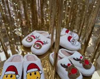 Christmas Slippers , Christmas Gift, Coozy Christmas Slippers-Custom Deer&Santa Print- Personalized XMAS GIFT, Winter Xmas Custom slipper