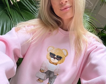 Working Girl Teddy Bear Sweatshirt, Cozy Pink Pullover, Kawaii Outfit