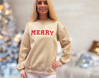 Chenille Patch Christmas Sweatshirt, Merry Holiday Crewneck, Personalized Gift