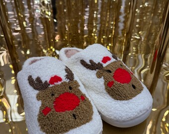 Embroidered Deer Christmas Slippers, Fuzzy Winter Lounge Slippers