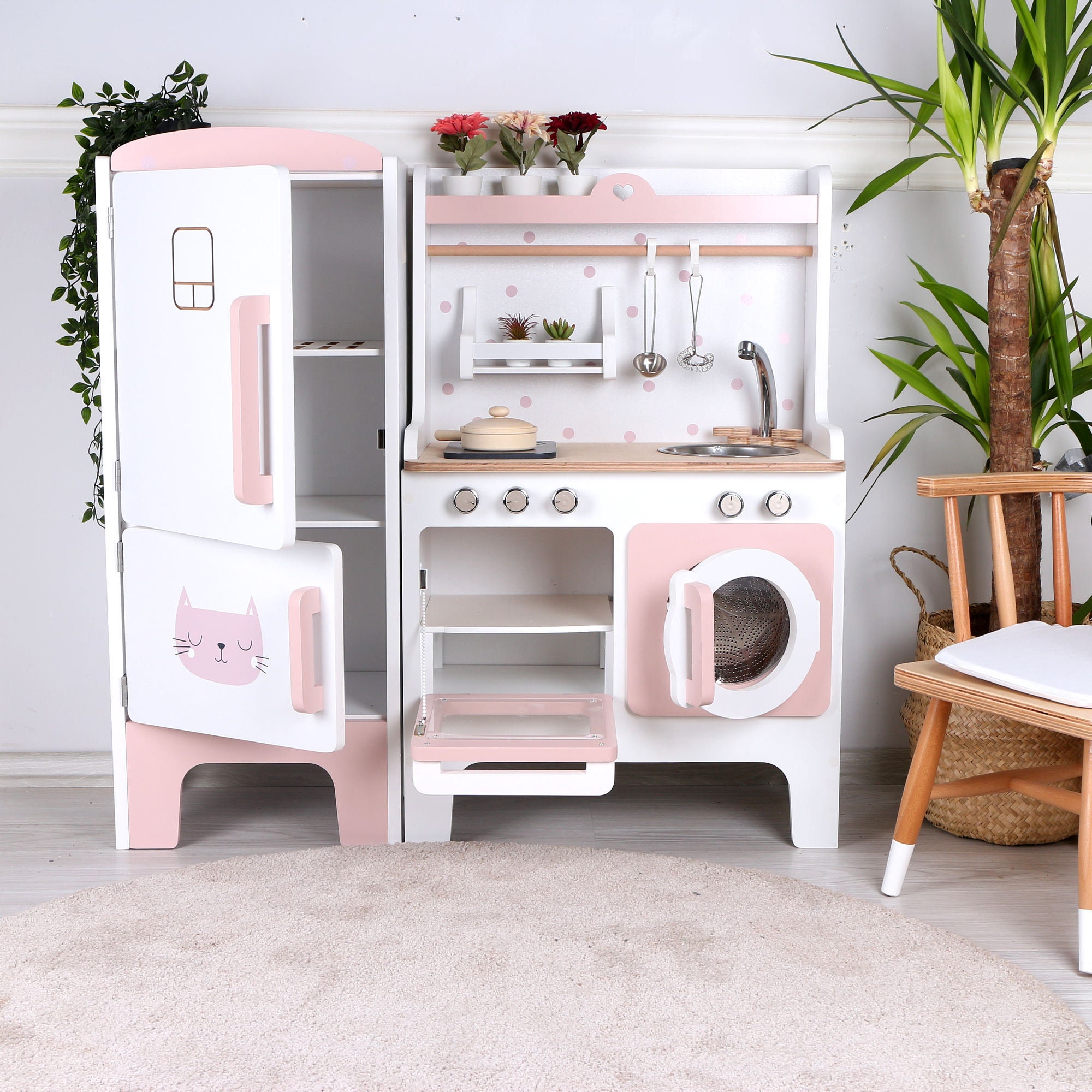 Customizable Handmade Wooden Play Kitchen With Fridge Powder & White - Etsy