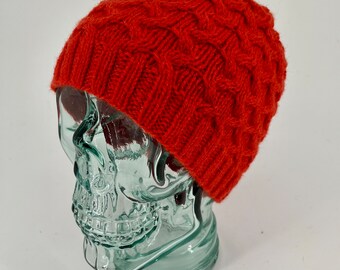 Hand Knit Cross-Cross Cable Beanie - Pumpkin Orange Acrylic