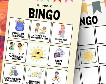 Bingo de regreso a clases / Bingo del primer día de clases / Pre escolar / Actividad de bingo para ayudar con la nueva escuela (Español)