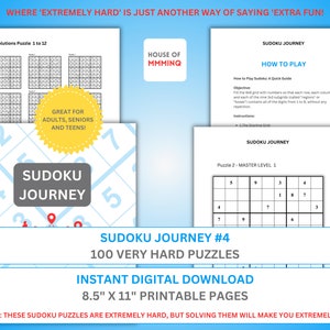 Sudoku Journey #4 I Expert Sudoku Puzzles - MASTER LEVEL I 8.5x11&quot; Printable I 100 Puzzles with Solutions! I PDF Instant Download