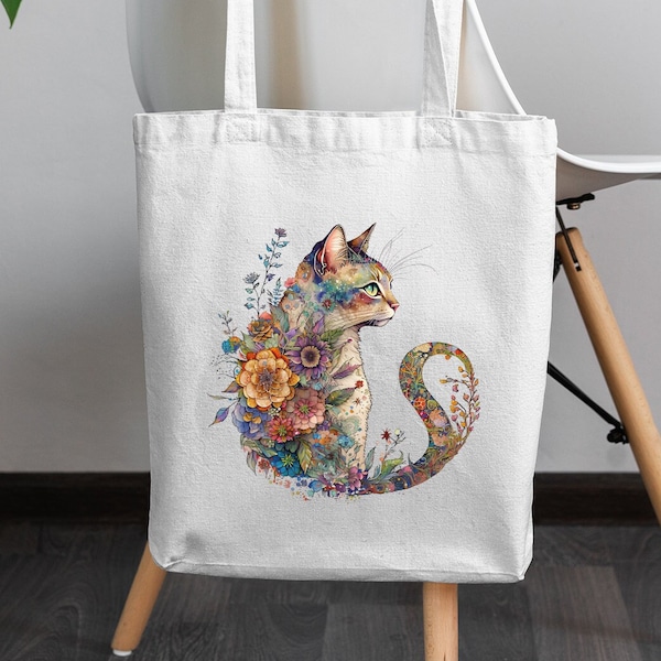 Boho Floral Cat Tote Bag, Vintage Cat Gift Bag, Mystical Cat Shoulder Bag, Cat Owner Tote Bag,Cat Lover Gift,Flower Lover Bag,Pet Owner Tote