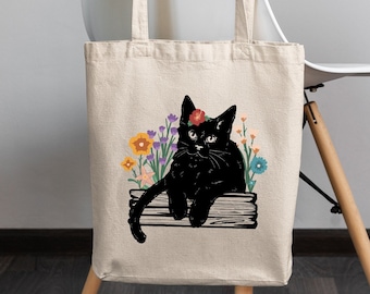 Cat Book Tote Bag, Floral Cat Book Bag, Librarian Black Cat Bag,Floral Bookish Gift,Cat Themed Tote Bag,Gift for Book Lover,Reading Bag Gift