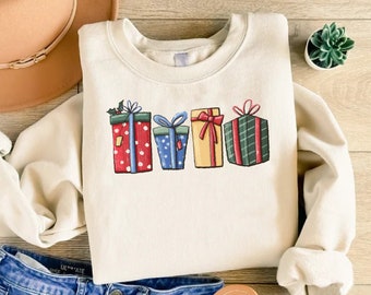 Christmas Gift Box Sweatshirt, Festive Holiday Crewneck Pullover