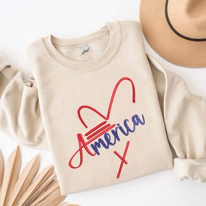 America Love Embroidered Sweatshirt, Embroidery Patriotic Sweater, 4th Of July Outfit, Womens Independence Day Gift, USA Lover Gift Sweater