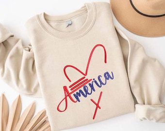 America Love Embroidered Sweatshirt, Embroidery Patriotic Sweater, 4th Of July Outfit, Womens Independence Day Gift, USA Lover Gift Sweater