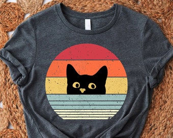 Retro Cat Shirt, Distressed Cat Tshirt, Black Cat Tee,Crazy Cat Lady Shirt,Cat Mom Gift,Peeking Cat Tshirt,Retro Sunset Shirt,Cat Owner Gift