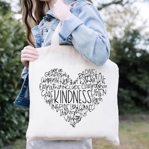 Kindness Heart Tote Bag, Teachers Eco Friendly Shoulder Bag, Be Kind Reusable Shopping Bag, Motivational Gift, Spread Kindness Activist Gift