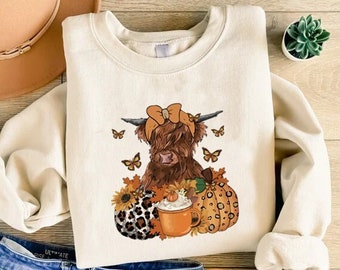 Highland Cow Fall Sweatshirt, Autumn Leopard Pumpkin Crewneck