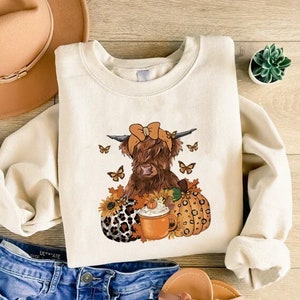 Highland Cow Fall Sweatshirt, Fall Women Gift, Howdy Fall Cow Tee, Pumpkin Heifer Shirt, Cow Pumpkin Sweater, Country Fall Shirt, Fall Vibes