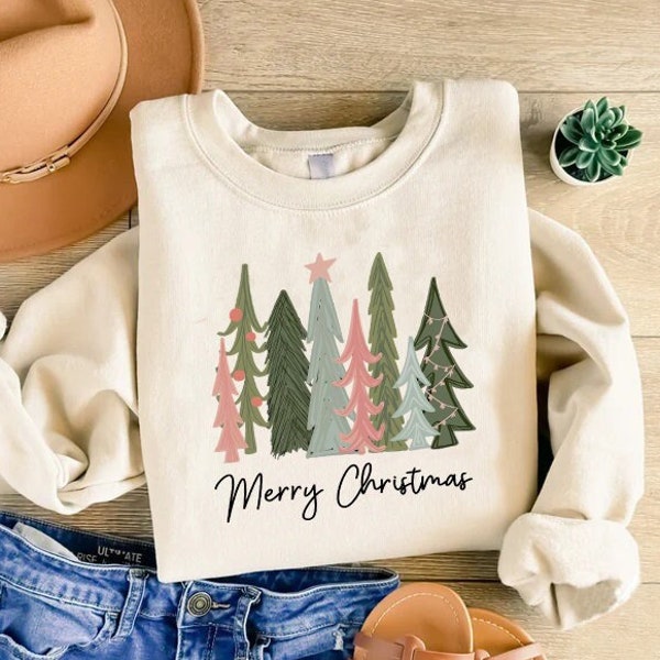 Christmas Tree Sweatshirt, Womens Christmas Shirt, Xmas Gift Women, Merry Christmas Tee, Pink Tree Sweater, Cute Christmas Sweater