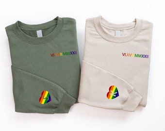 Customized LGBT Roman Numeral Anniversary Sweatshirt, Rainbow Inıtial Heart On Sleeve, LGBTQ Matching Lesbian Gay Couples Anniversary Gift
