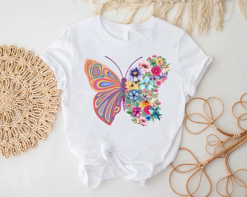 Butterfly Shirt, Floral Butterfly Gift, Mothers Day Shirt, Nature Lover Shirt For Women, Botanical Tee, Meditation Shirt, Spiritual Tshirt image 1