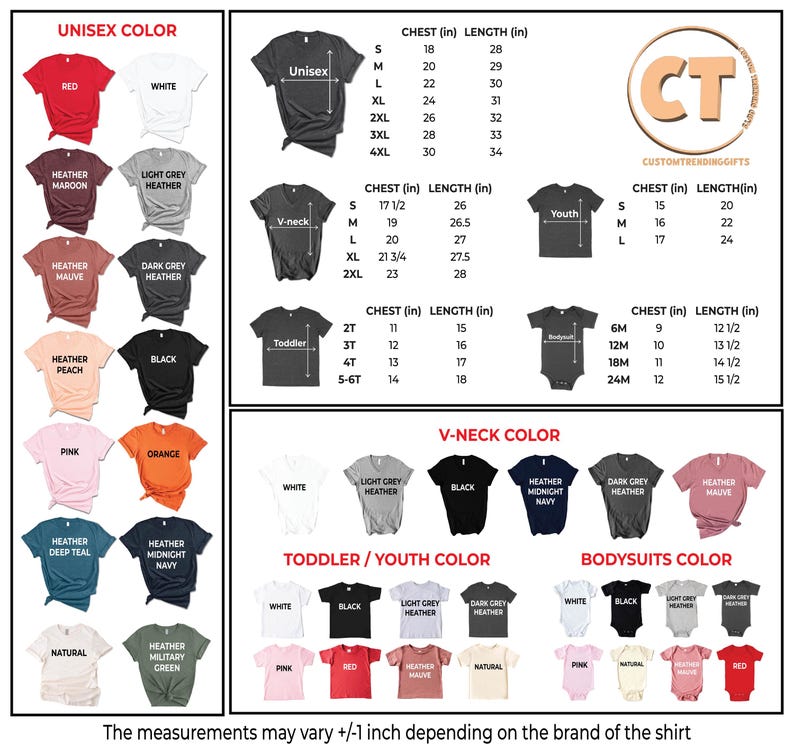 a chart showing the sizes and colors of t - shirts