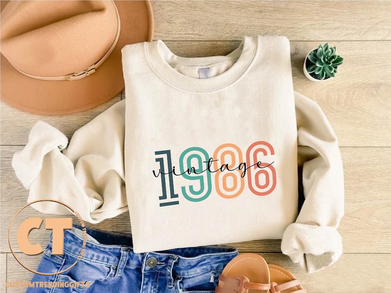 1986 Sweatshirt, Vintage 1986 Sweater, 40th Birthday Sweatshirt, Retro 1986 Birth Year Number Sweater,Forty Years Old Outfit,Turning 40 Gift image 1