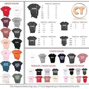 a chart showing the sizes and colors of t - shirts