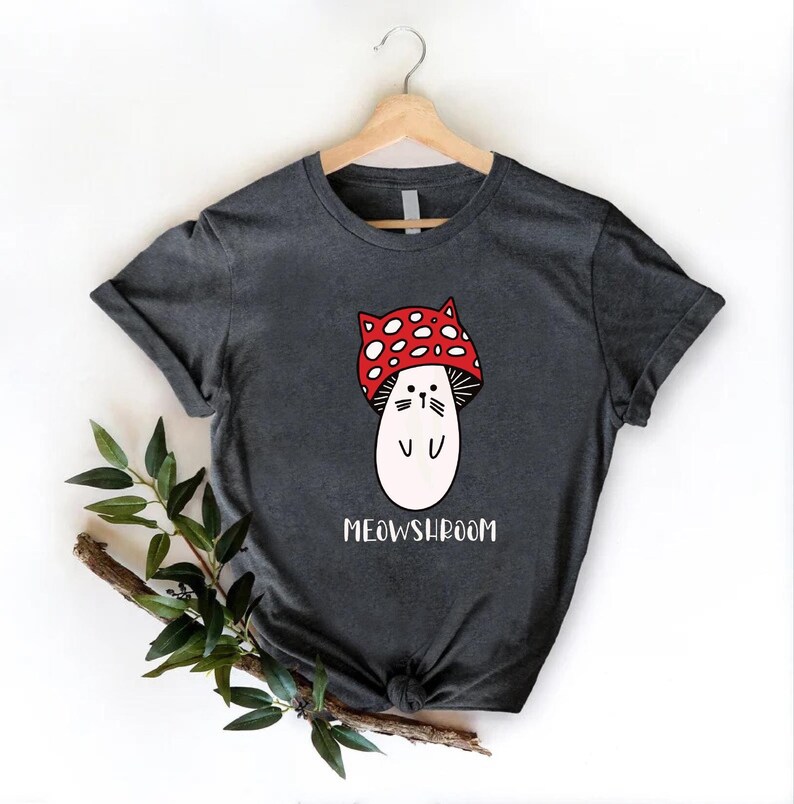 Meowshroom Cat Tshirt, Mushroom Cat Shirt, Cat Mom Shirt, Cat Lover Gift,Cat Owner Shirt,Gift For Vegan,Nature Lover Gift,Mushroom Lover Tee image 1