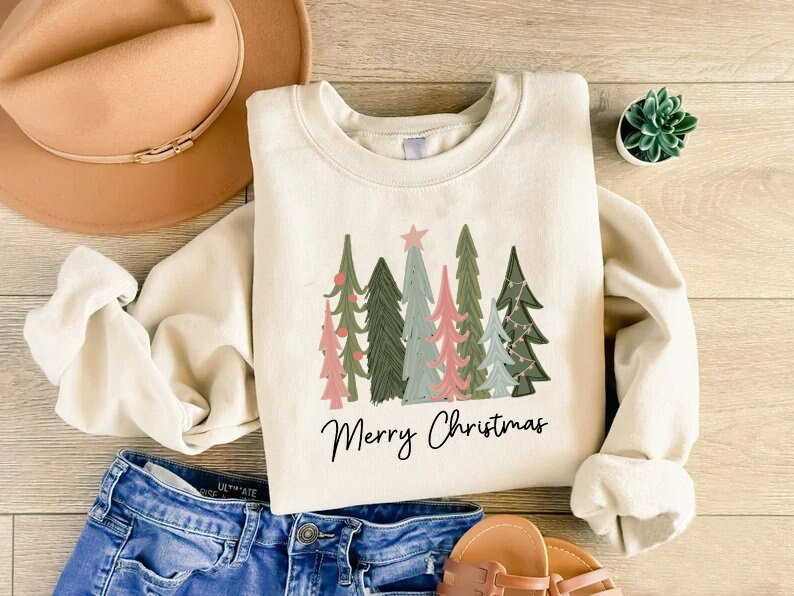Christmas Tree Sweatshirt, Womens Christmas Shirt, Xmas Gift Women, Merry Christmas Tee, Pink Tree Sweater, Cute Christmas Sweater