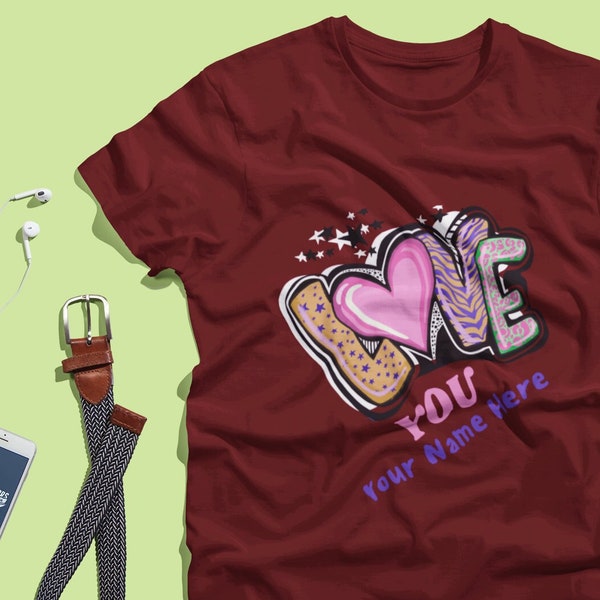 Personalized Graffiti Retro Love Tee, Valentine's Tee, Colorful Love Custom Tee, Romantic T-Shirt, Gift for Her, Custom Love Gift,