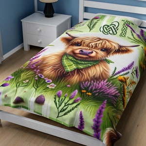 Couverture vache Highland et fleurs sauvages, vache bohème sauvage, couverture en peluche animaux de la ferme grunge, vache de basse-cour pour enfants, cadeau pour agriculteur, jolie couverture de vache confortable