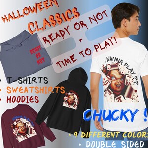 Chucky Horror Halloween Tee, Child&#39;s Play Double-Side, Sweatshirt & Chucky Hoodie Buddi Gothic Apparel, Creepy Movie Fan Gift, Spooky Season