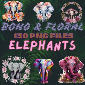 BOHO Floral Elephant Art, Jungle Elephant Prints, Baby Elephant Portrait Floral Art, Commercial Use Elephant Art Collection, Gift for Safari