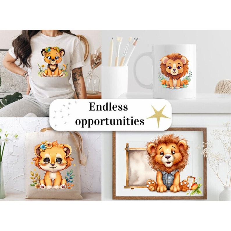 Showcasing different uses for cartoon lion clipart on products. Examples include a lion cub on a t-shirt, a lion cub on a coffee mug, a lion cub on a tote bag, and a framed lion illustration.