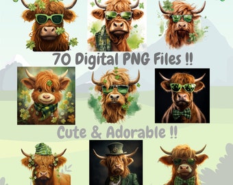 Highland Cow St. Patrick's Day PNG's, Whimsical Highland Cow, Lucky Clover, Festive Irish Cows, Cute St. Paddy's Gift Idea, trendiful cow
