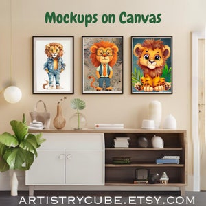A mockup depicting what some of these digital lion prints might look like on a canvas print.