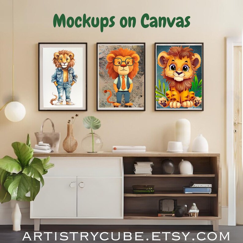 A mockup depicting what some of these digital lion prints might look like on a canvas print.