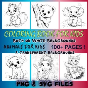 Animal Coloring Pages for Kids, DIGITAL cute printable Coloring Kids Book, Fun for Child, Educational Art PNG & SVG, Various Backgrounds
