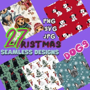 Patrones PNG sin costuras de perros navideños, paquete de papel digital SVG de perro festivo de dibujos animados, 27 diseños de perros festivos, manualidades de bricolaje, diario basura vintage