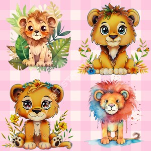 Four cartoon lion illustrations with transparent backgrounds. The image features cute lions and cubs in different poses.