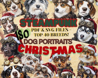 Christmas STEAMPUNK Dog Portraits, Holiday Dog Digital Art for Sublimation, Gift for Dog Lover, Christmas Pet SVG, 180 Files - Whimsical Dog